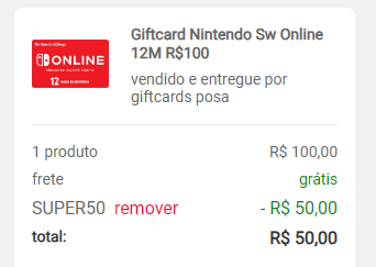 Giftcard de R$100 Nintendo Sw Online por R$ 50

-Cupom: SUPER50

americanas.com.br/produto/747750…