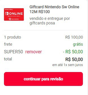 🔥Giftcard de R$100 Nintendo Sw Online por R$ 50

 -Cupom SUPER50

americanas.com.br/produto/747750…