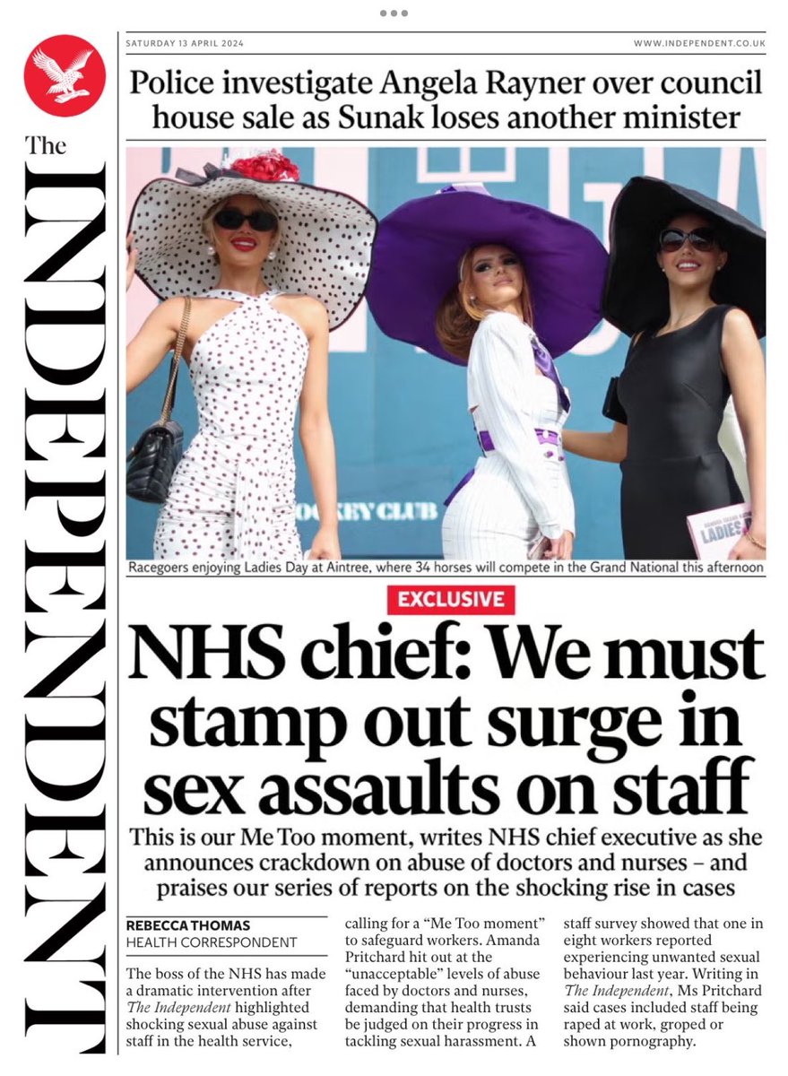 Introducing #TomorrowsPapersToday from:

#Independnt 

NHS Chief: We must stamp out surge in sex assaults on staff 

Check out tscnewschannel.com/the-press-room… for a full range of newspapers.

#journorequest #newspaper #buyapaper #news #buyanewspaper