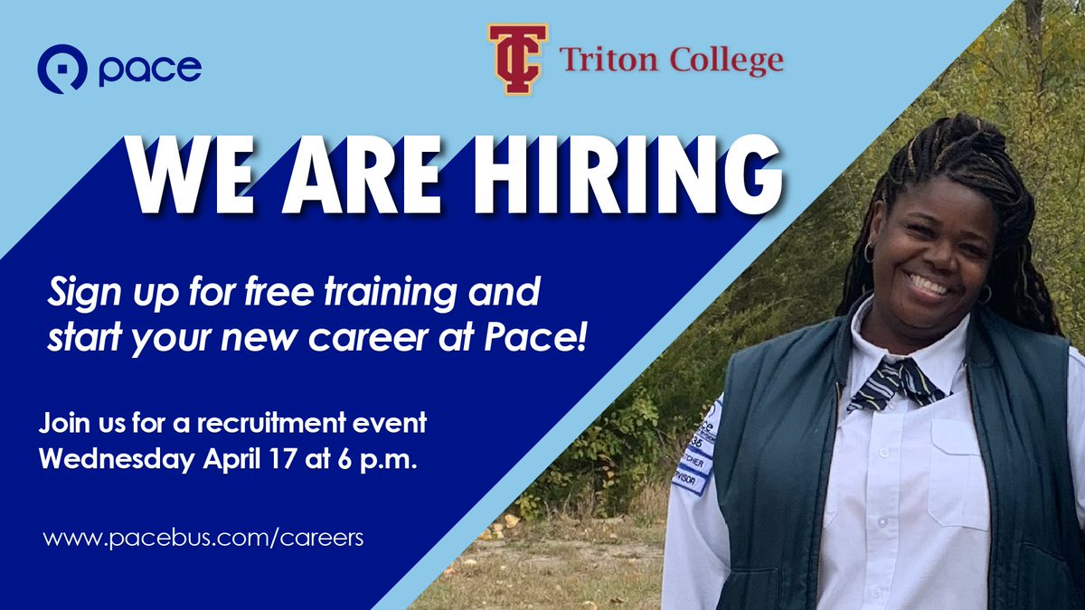 Pace and Triton College are partnering to recruit the next generation of professional bus operators. Join us for a hiring event on April 17 at 6pm to learn how to earn a commercial driver's license permit for free and work for Pace! bit.ly/4aPp0lo
