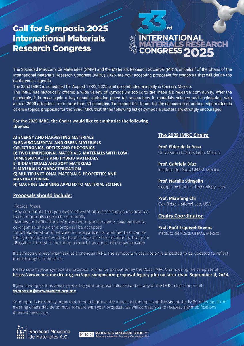 Join IMRC 2025 in Cancun, Mexico, August 17-22! Submit your symposium proposals by Sep 6, 2024,  Your contributions are essential to ensure the success of this event! Contact: symposia@mrs-mexico.org.mx.