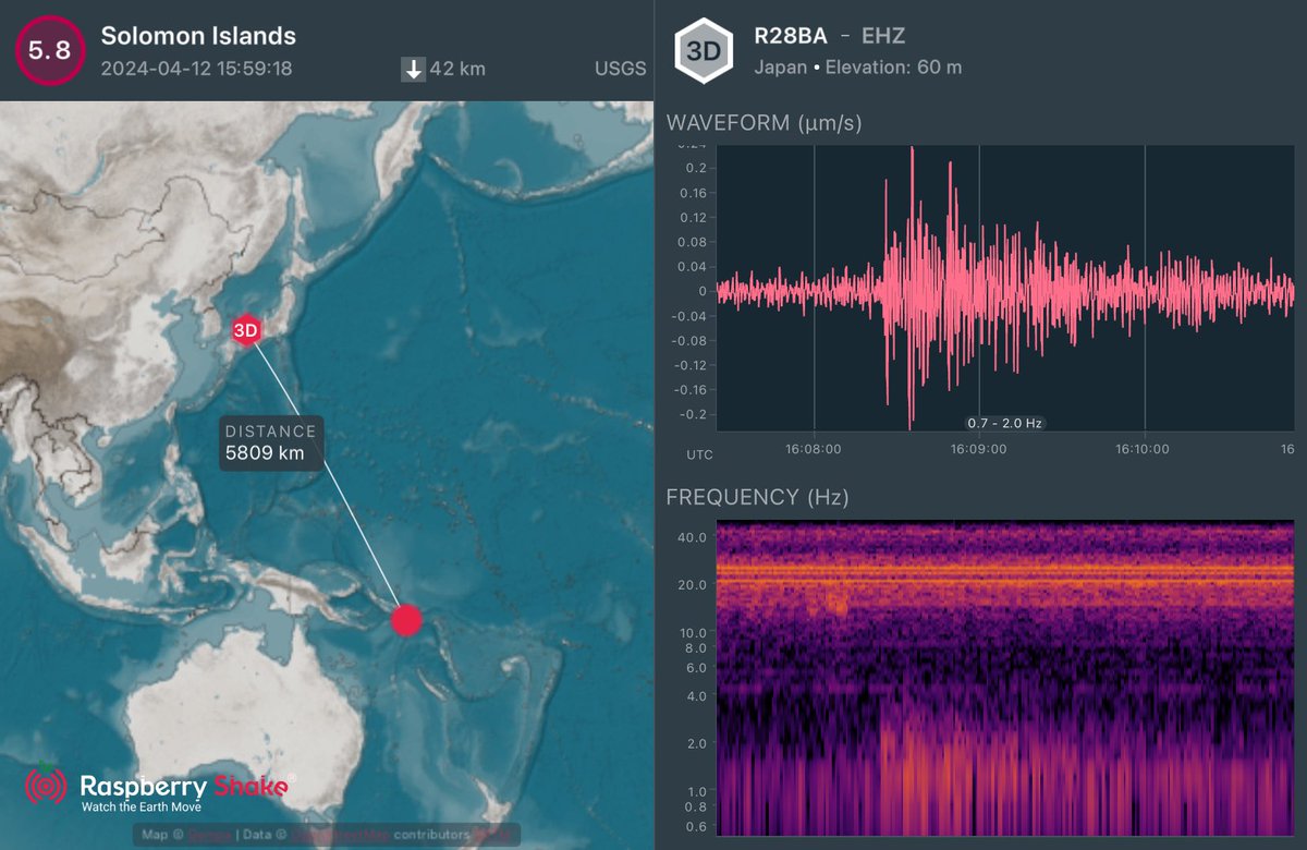 ソロモン諸島の地震 M5.8
#Earthquake recorded on the #RaspberryShake #CitizenScience seismic network. See what's shaking near you with the @raspishake #ShakeNet mobile app