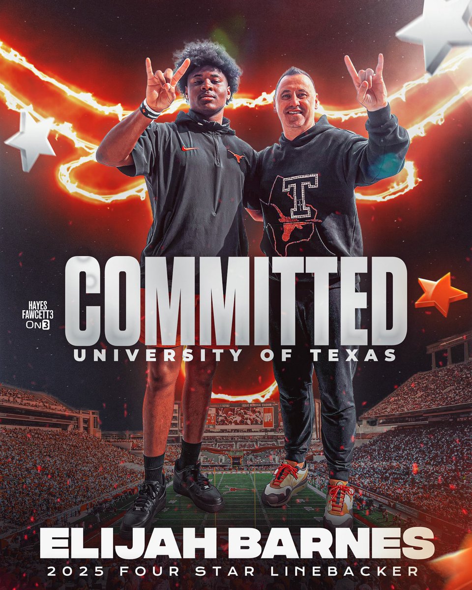BREAKING: Four-Star LB Elijah Bo Barnes has Committed to Texas, he tells me for @on3recruits The 6’3 230 LB from Dallas, TX chose the Longhorns over Ohio State, Oregon, & Alabama “We coming into the SEC to take it over and I’m hopping on the train Hook ’Em🤘🏽”…