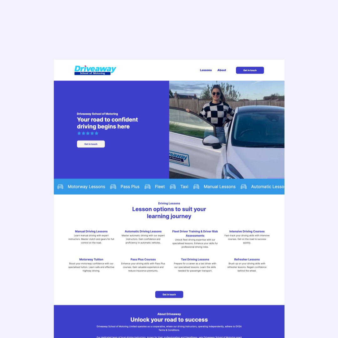 A recent web project: Driveaway School of Motoring. 

We delivered a new website showcasing their range of driving instructors, lessons and company values, an intake form and system for allocating queries, and a brand strengthen.

#webdesign #websitelaunch #webdesigner