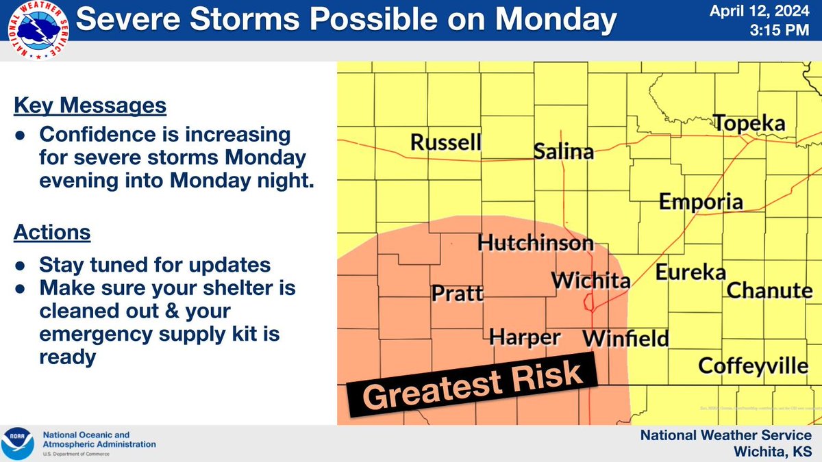 Confidence is increasing for severe storms Monday evening and Monday night. The greatest risk appears to be across areas shaded in orange. It's too early for specifics at this point but we encourage you to continue to check back throughout the weekend for updates. #kswx