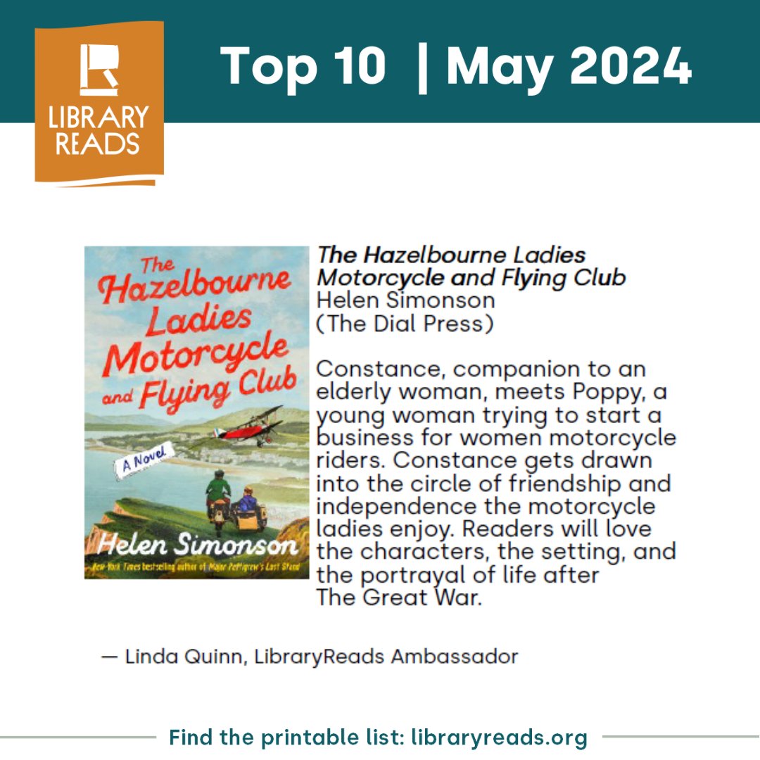 Next on the May 2024 LibraryReads list is THE HAZELBOURNE LADIES MOTORCYCLE AND FLYING CLUB by Helen Simonson! @PRHLibrary