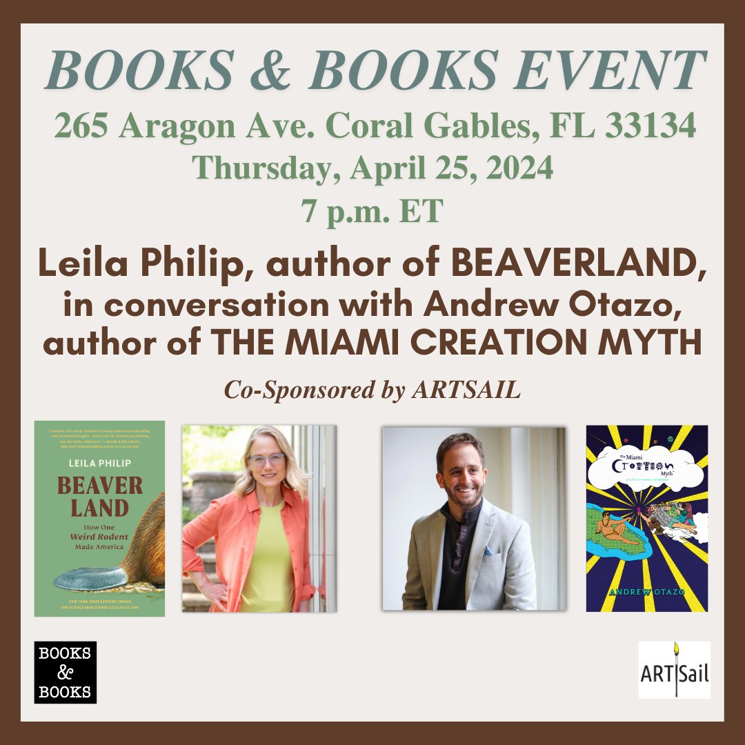 I'm moderating a @BooksandBooks panel tomorrow with Leila Philip, who recently published Beaverland: How One Weird Rodent Made America. We'll discuss environmental conservation and living with wild neighbors. RSVP here: eventbrite.com/e/an-evening-w…
