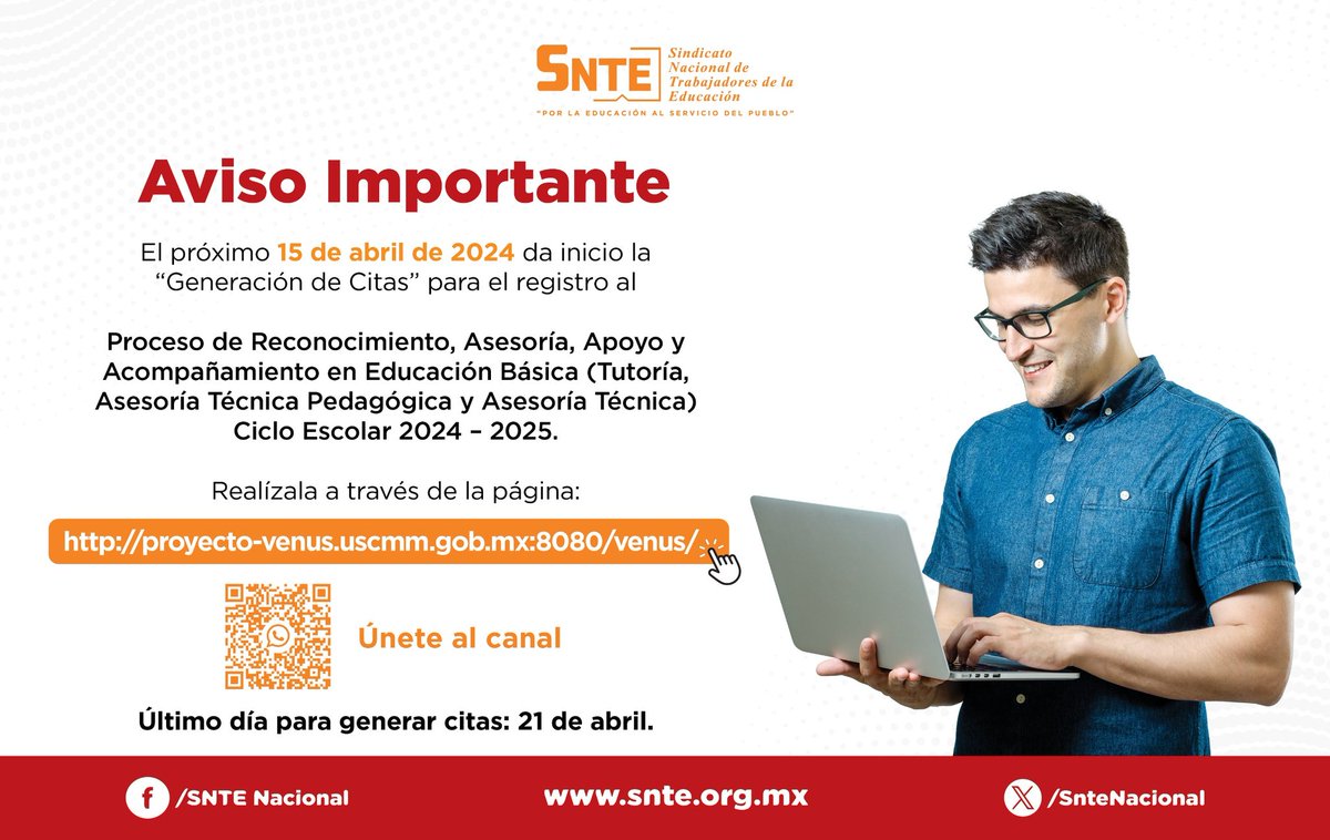 ‼️AVISO IMPORTANTE‼️

Si participas en el Proceso de Reconocimiento, Asesoría, Apoyo y Acompañamiento en Educación Básica #CicloEscolar2024-2025.
El próximo #15deAbril de 2024 podrás generar tu cita.📆
Realízala en esta página 
proyecto-venus.uscmm.gob.mx:8080/venus/ 💻
El #21deAbril, último día