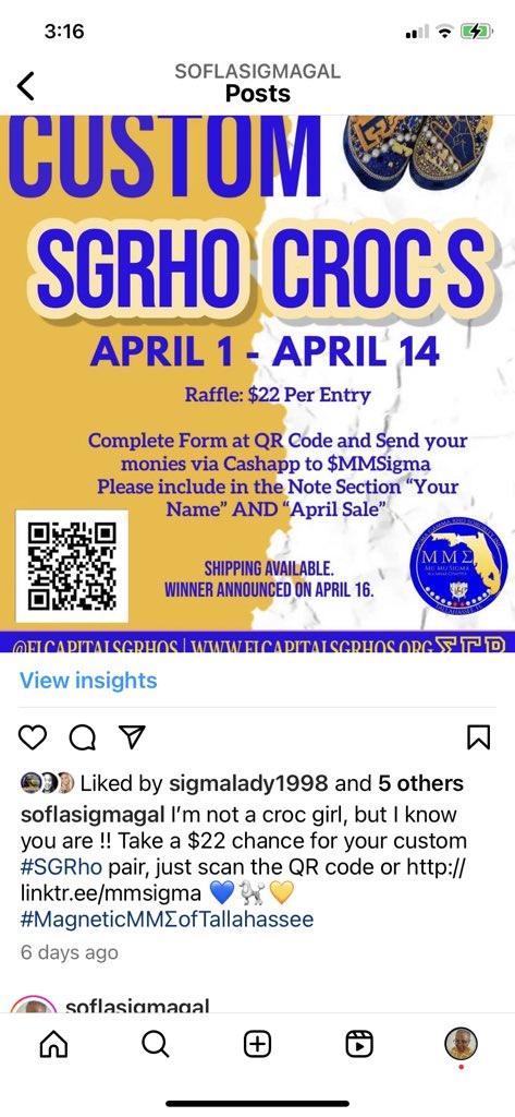 Two more days left for your chance to get custom #SGRho crocs with a $22 raffle ticket. !!scan the QR code or go to linktr.ee/mmsigma 💙🐩💛 #ΜΜΣTallahassee