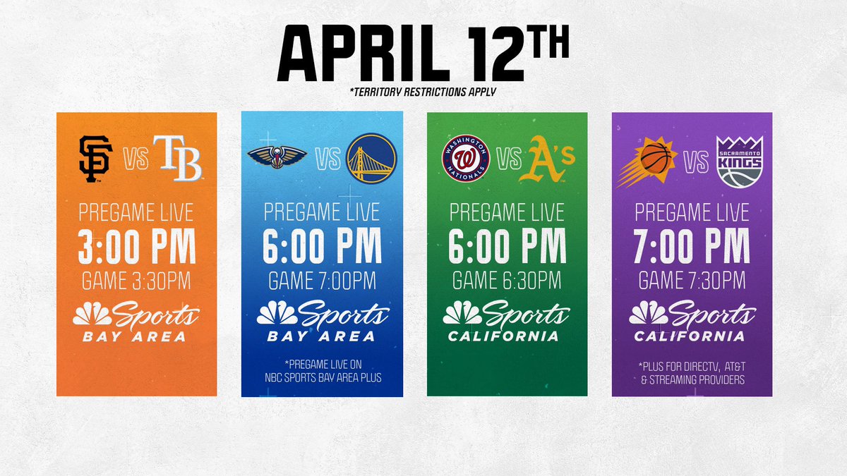 Locked-in for another four-team day Catch all of today’s action on NBC Sports Bay Area, NBC Sports California and the Plus channels ⬇️