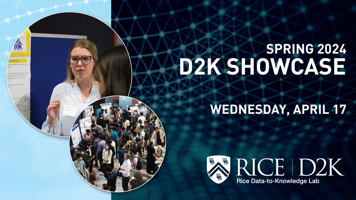 The D2K Showcase is April 17! Join us to interact with D2K students in the poster session and learn more about their projects ranging from academic and medical research to industry-sponsored and community-impact projects. bit.ly/3EL2DPw