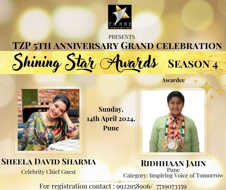 🌟 Embarking on a Stellar Journey! 🌟

Thrilled to announce that I’ve been selected for the “Inspiring Voice of Tomorrow” award at the prestigious Shining Star Awards Season 4 of Taare Zameen Par! 🏆✨

Join me on this remarkable day, April 14th, '24
#InspiringVoice