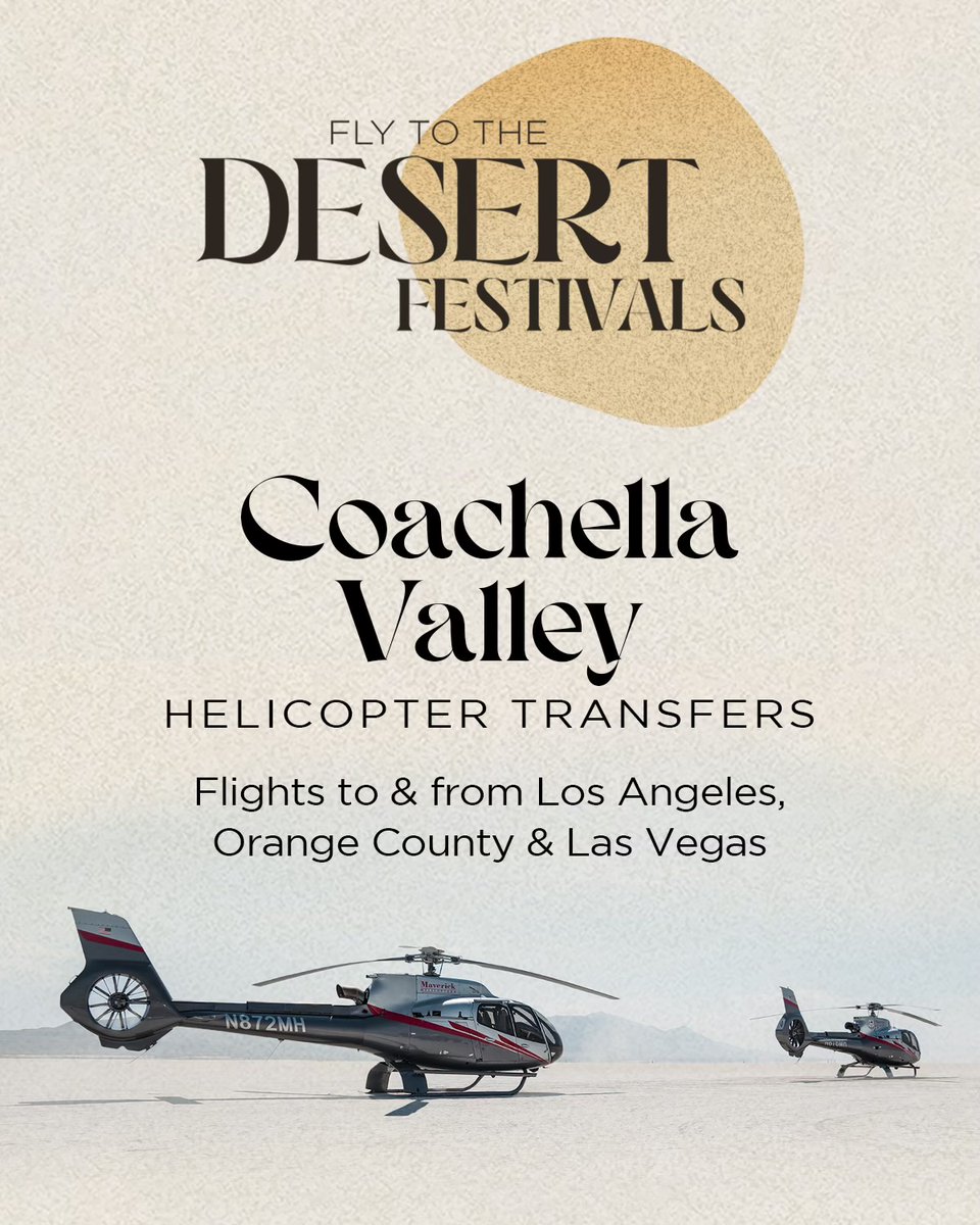 Elevate your journey to the Desert Festivals in Coachella Valley from Los Angeles, Orange County, or Las Vegas! 🚁🏜 #CoachellaValley

Reserve your seats at bit.ly/4cRu2jd ✨ #FestivalSeason