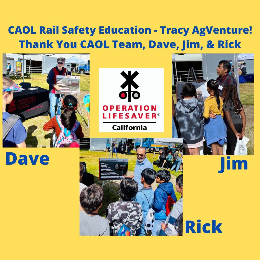 CAOL Rail Safety Education at the Tracy AgVenture Event.
Thank You, CAOL Team: Dave, Jim, and Rick, for sharing #RailSafetyEducation with the students, faculty, and chaperones.
Thank you SJC AgVenture #RailSafetyCommunityPartner #RailSafetyAwareness #SaveLivesTell5