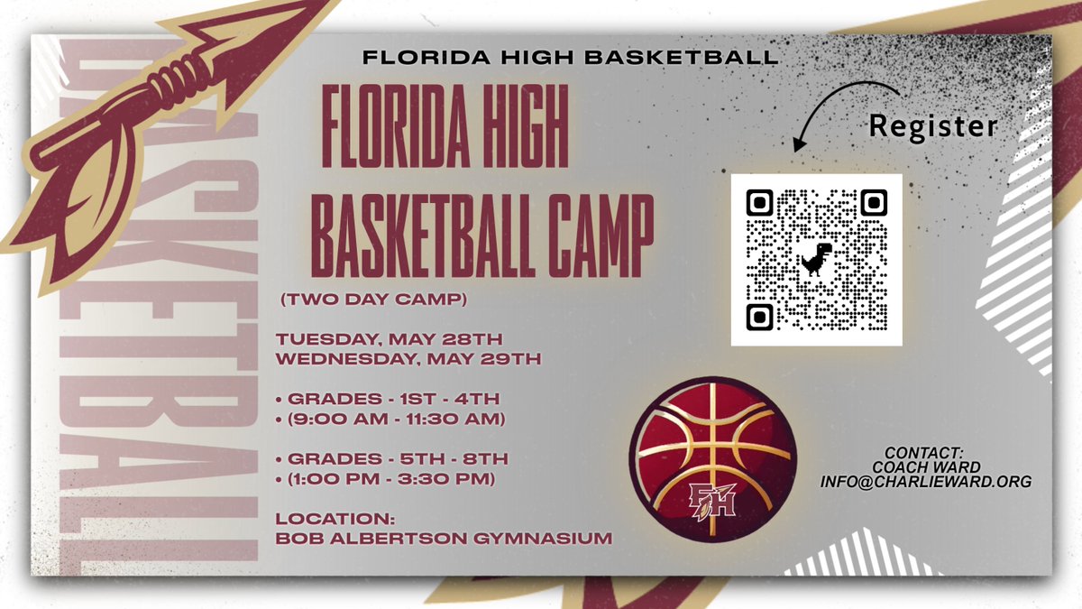Florida High Basketball Camp 2-Day Camp Tuesday, May 28 - Wednesday, May 29, 2024 Grades 1st - 4th Grades 5th - 8th Register NOW! cognitoforms.com/floridastateun…