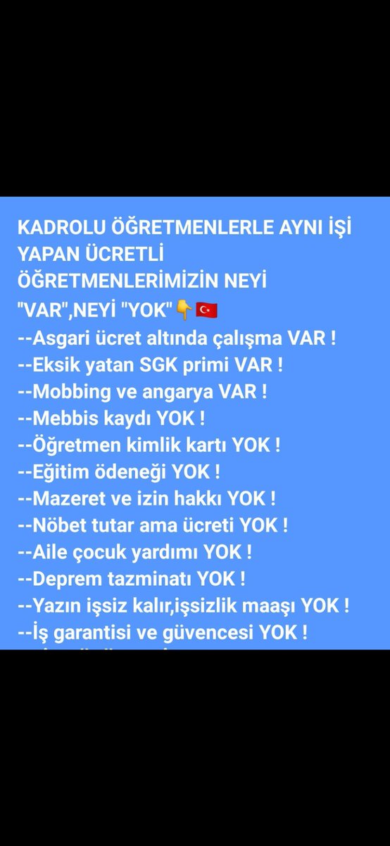 Bu şartlarda öğretmen çalıştırmak ciddi bir sistem sorunudur! Ve bunu düzeltmeden eğitimde ilerleme sağlamak mümkün değildir!
@RTErdogan
@Yusuf__Tekin
@tcmeb
@HMBakanligi
#ÜcretliÖğretmeneBayramYok