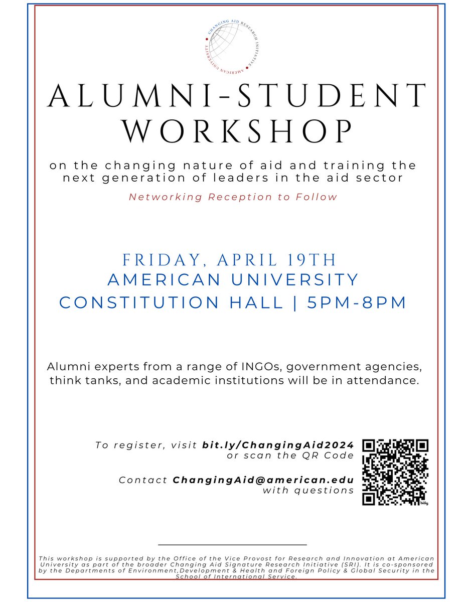 Don't miss it! One week from today is the 2024 Changing Aid Conference and Workshop. Engage in conversations on the future of #internationalaid with AU alums who are experts in the field.

More information and RSVP here: bit.ly/ChangingAid2024