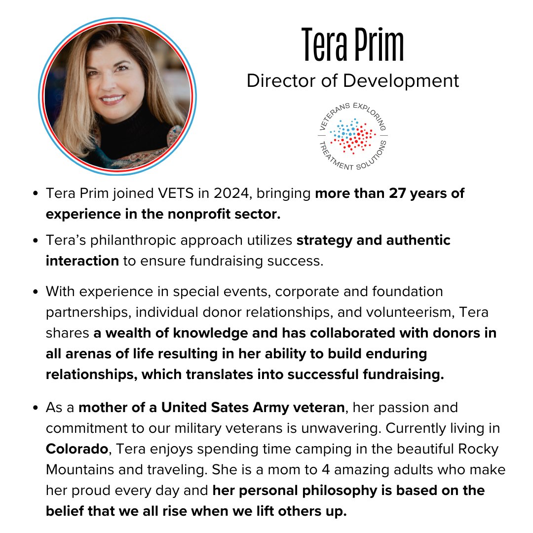 🎉 Join us in welcoming Tera Prim to the VETS team! Tera joins us as our new Director of Development, bringing with her over 27 years of invaluable expertise and background. We are thrilled to have her on board, enhancing this crucial aspect of VETS.