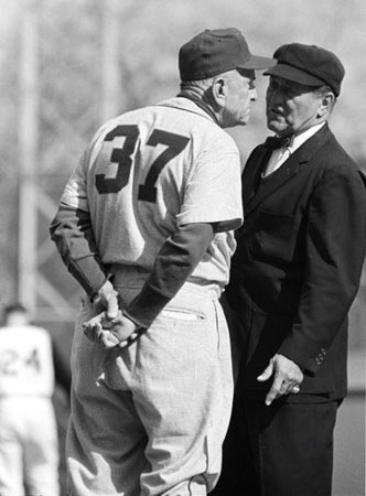 Marv Throneberry hit a shot in between center and RF. Two runs scored. Marv stopped at third. He’s called out for not touching 1st base. Casey Stengel rushes out of the dugout to argue the call, but, is stopped by Mets 1st base coach, who says,”Don’t bother, he missed 2nd too”