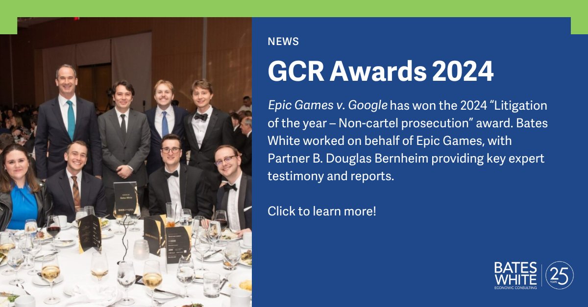 Bates White is pleased to announce that In re Google Play Store Antitrust Litigation has won @gcr_alerts’s 2024 “Litigation of the year – Non-cartel prosecution” award. Bates White was retained on behalf of Epic Games. Learn more: ow.ly/whyy50RfeZY #antitrust #GCRawards