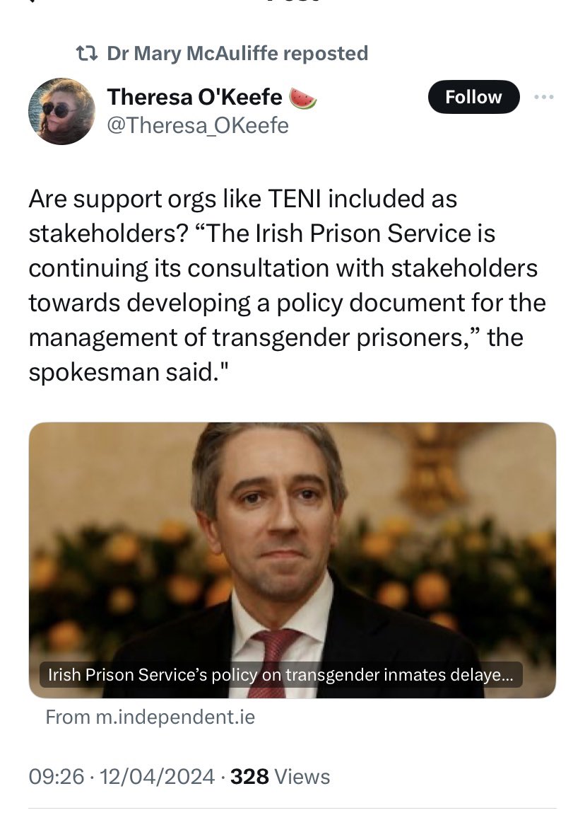 “Are support orgs like TENI included as stakeholders?” 

As it’s imperative government funded NGOs ‘support’ men’s endeavours to be housed in women’s prisons & no need to wonder what organisations are standing up for the women who will be forced to share spaces with these lads…