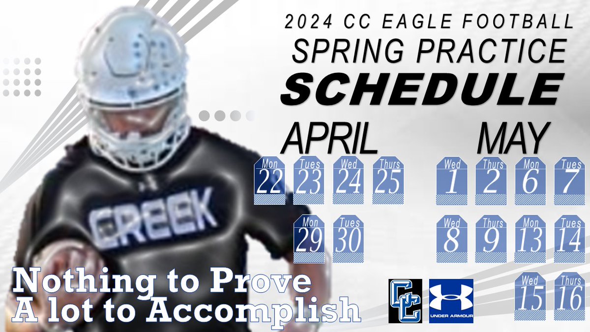 CedarCreekFB's tweet photo. Our Spring Football schedule is here!   Recruiters, take note and feel free to stop by!   We're excited to showcase our talent &amp; welcome you to campus.  #SpringBall #Recruiting https://t.co/Q5JgmF6bgB