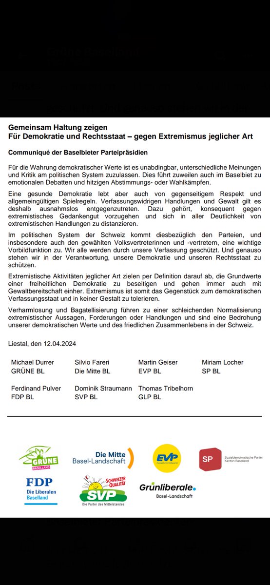 FDP. Die Liberalen Baselland (@fdp_bl) on Twitter photo Die Präsidien der Baselbieter Parteien <a href="/FDP_BL/">FDP. Die Liberalen Baselland</a> , <a href="/EVP_BL/">EVP Baselland</a> , <a href="/glp_BL/">Grünliberale Basel-Landschaft</a> , @grueneBL , <a href="/DieMitte_BL/">Die Mitte Basel-Landschaft</a> , <a href="/sp_bl/">SP Baselland</a> und <a href="/svp_bl/">SVP Baselland</a> stehen in einem gemeinsamen Communiqué für eine starke, lebendige Demokratie ein. Sie erteilen Extremismen jeder Art und ihrer Verharmlosung eine Absage. Die Präsidien der Baselbieter Parteien <a href="/FDP_BL/">FDP. Die Liberalen Baselland</a> , <a href="/EVP_BL/">EVP Baselland</a> , <a href="/glp_BL/">Grünliberale Basel-Landschaft</a> , @grueneBL , <a href="/DieMitte_BL/">Die Mitte Basel-Landschaft</a> , <a href="/sp_bl/">SP Baselland</a> und <a href="/svp_bl/">SVP Baselland</a> stehen in einem gemeinsamen Communiqué für eine starke, lebendige Demokratie ein. Sie erteilen Extremismen jeder Art und ihrer Verharmlosung eine Absage.