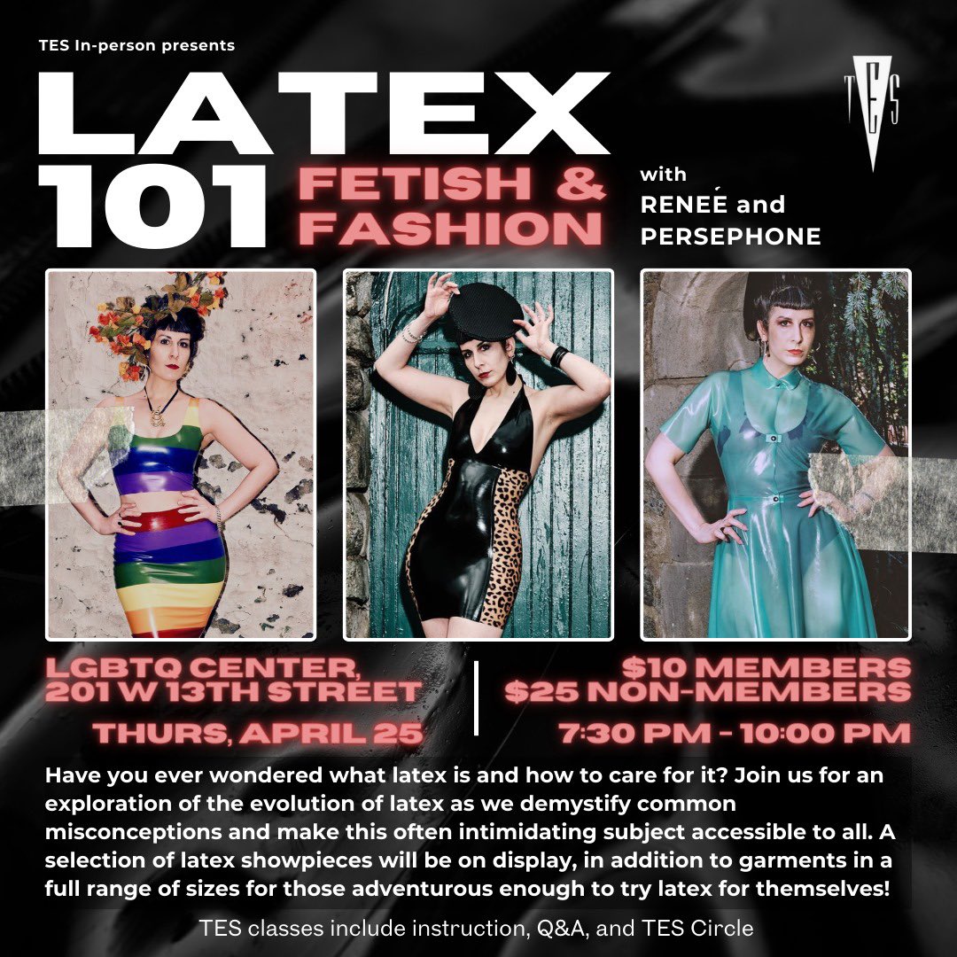 We’re teaching a class for @TESKink! Latex 101: Fetish & Fashion Thursday April 25 @ 7:30 - 10:00PM Members $10 / Non-Members $25 @LGBTCenterNYC 201 West 13th St, NYC #latexfashion #latexfetish #latexclothing #rubber #rubberclothing #latexdesigner #ReneeMasoomian