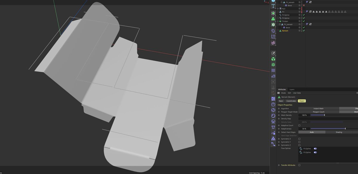 C4D Modelling tip.. first of all ALWAYS get die lines from a client (don't settle), but using a die - extract the fold lines/splines and drop them into the follow splines section in the Remesher - instantly get perfect remeshing with edges aligned directly where you need them -…