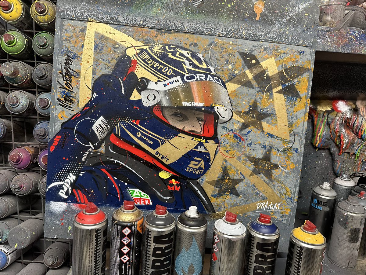 Max Verstappen, 3 x Champ graffiti painting, finished today & back in my shop. 
Handmade & totally unique. Got to say he does look good in blue & gold. DRAutoArt.com
#drautoart 

#mv33 #maxverstappen #maxverstappen33 #mv1 #redbullracing #f1 #formula1 #redbullf1team