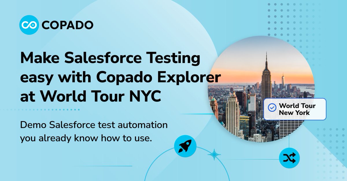 CopadoSolutions's tweet photo. Get ready to try the EASIEST #Salesforce testing tool at #WTNYC! 🤩
Join Copado at the Javits Center on April 25 and see how #CopadoExplorer eliminates the back and forth between testers and developers.
Register and pre-book your custom demo today!
https://t.co/ZgXXrZzANw https://t.co/c3q9eMxD04