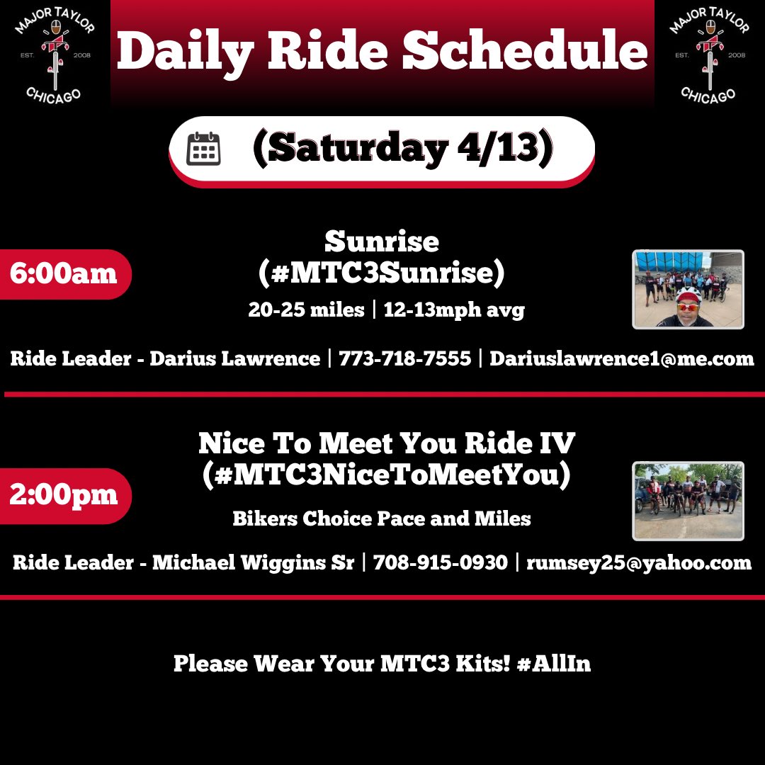 🚨🚨 Weekend Ride Schedule🚨🚨 The Sun is out this weekend, so join us for our rides if you can! Saturday Sunrise Details: majortaylorchicago.com/event/mtc3-sat… Nice To Meet You Ride IV Details: majortaylorchicago.com/event/mtc3-nic… 'ALL IN' - Unity Ride Details: majortaylorchicago.com/event/all-in-a…