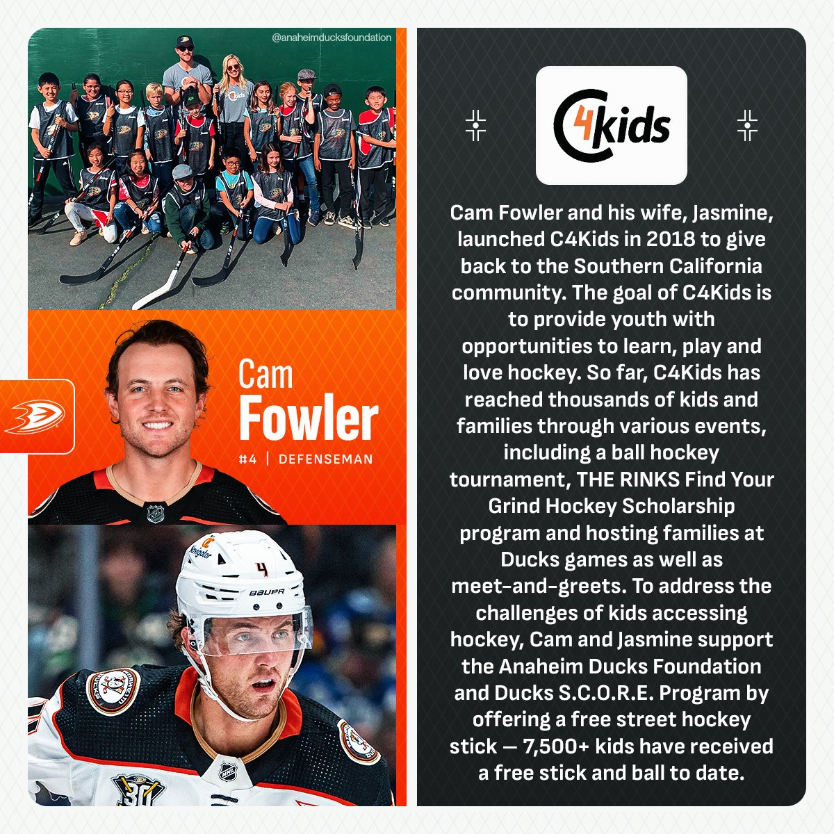 Cam Fowler and his wife, Jasmine, launched their own charitable programming, C4Kids, in 2018 to give back to the Southern California community and increase accessibility to hockey.  Catch him and the @AnaheimDucks in action tonight on Sportsnet One.