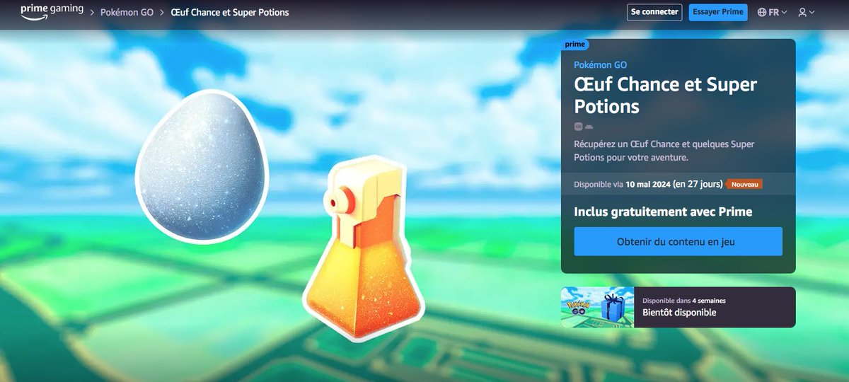 #PokemonGO : Un nouveau code permettant d'obtenir 1 Oeuf Chance et 8 Super Potions est disponible pour les personnes abonnées à Prime Gaming. Vous pouvez récupérer votre code et l'enregistrer via ce lien : gaming.amazon.com/lucky-eggs-sup…