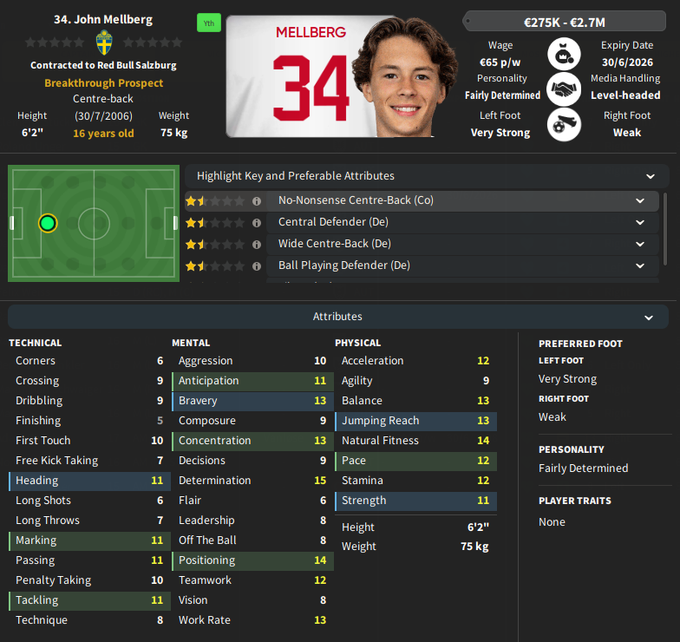 John Mellberg (Versatile Defender) Son of Swedish legend Olof, 16-year-old John is on the books at RB Salzburg and while primarily left-footed, he has emerged as a high quality versatile defender in any role across the back 4 🛠️ Took us 5 seasons to lure him back to Sweden 🎣