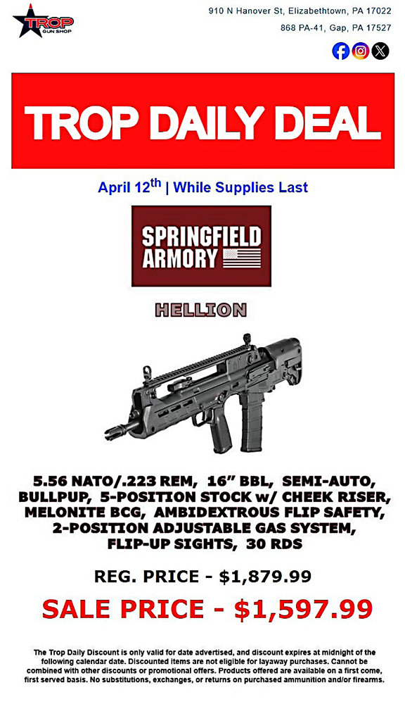 Get 15% off this Springfield Hellion! That's over $280 in savings! Bargain deals like this and more on our website! #tropgunshop #dailydeal #website #springfieldarmory #hellion #savings #bargain #2A

shop.tropgun.com/deals