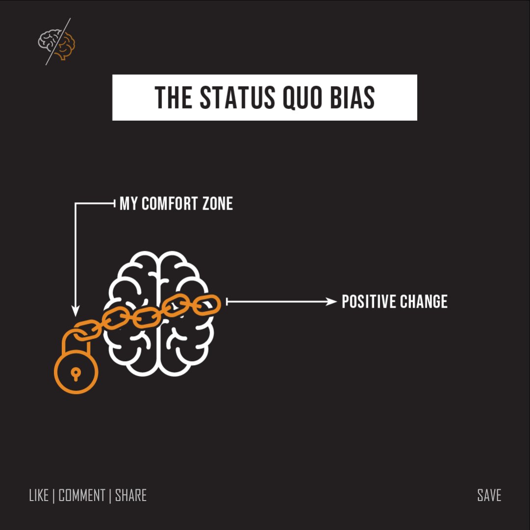 Challenging the #statusquo isn't just about rebellion; it's about understanding our innate tendency towards familiarity🧠

💡The #StatusQuoBias - how our minds gravitate towards what's familiar, even if change offers growth and innovation

#BehavioralScience #biases #bias