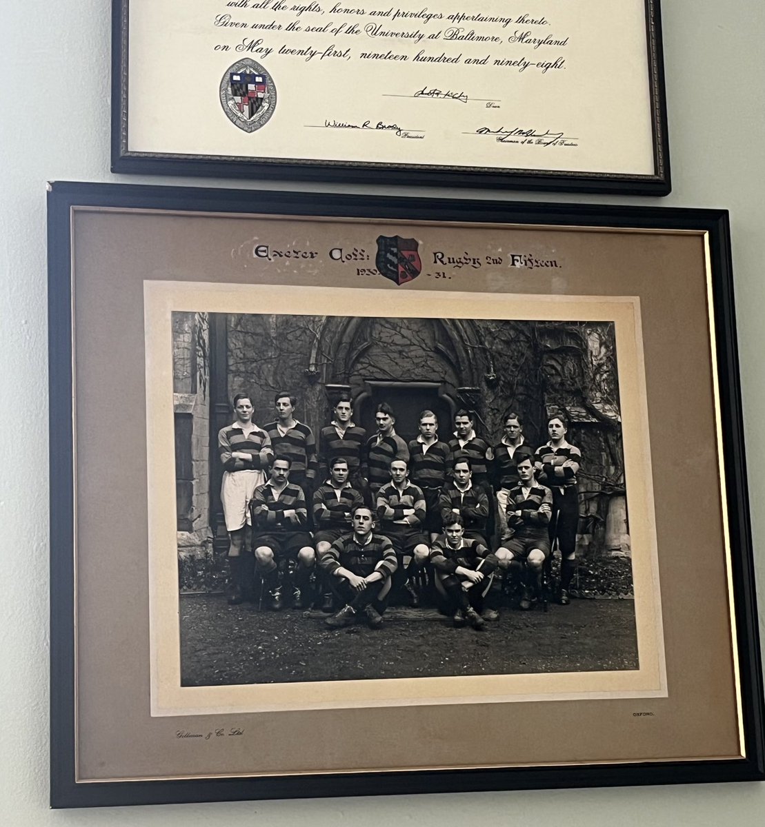 Old Chinese proverb: He who swaps studies with his wife for a bit and is waiting for Donald Trump to lie to reporters will occasionally look at the picture of his wife’s American grandad in the Exeter College 2nd XV of 1930-31 (2nd right, front row) and think it is well cool.