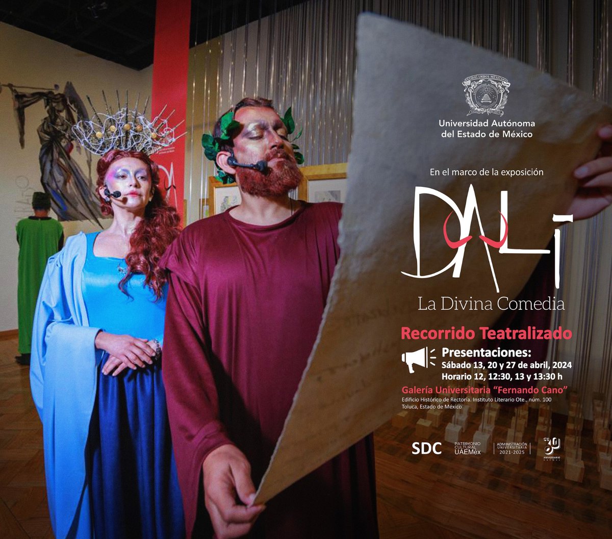 ¡Dalí llegó a la #UAEMéx! No te pierdas la dramatización de La Divina Comedia, una exposición de 100 grabados originales del artista Salvador Dalí. 📍Galería Universitaria “Fernando Cano” 📆13, 20 y 27 de abril ⏰ 12, 12:30, 13 y 13:30 h #SomosUAEMéx 💚💛