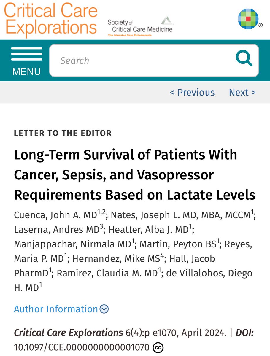 John A. Cuenca, MD (@johncuencamd) on Twitter photo In our cohort of cancer patients with sepsis and shock, there was no significant difference in the 1-year survival between patients with high lactate (>2) and those with “normal” lactate.
<a href="/nirmala_km/">Nirmala K Manjappachar</a> <a href="/HeatterJuliana/">Juliana Heatter</a> <a href="/TigmerSA_IntMed/">TIGMER - San Antonio Internal Medicine Residency</a>
Check it out!
🖇️journals.lww.com/ccejournal/ful… In our cohort of cancer patients with sepsis and shock, there was no significant difference in the 1-year survival between patients with high lactate (>2) and those with “normal” lactate.
<a href="/nirmala_km/">Nirmala K Manjappachar</a> <a href="/HeatterJuliana/">Juliana Heatter</a> <a href="/TigmerSA_IntMed/">TIGMER - San Antonio Internal Medicine Residency</a>
Check it out!
🖇️journals.lww.com/ccejournal/ful…