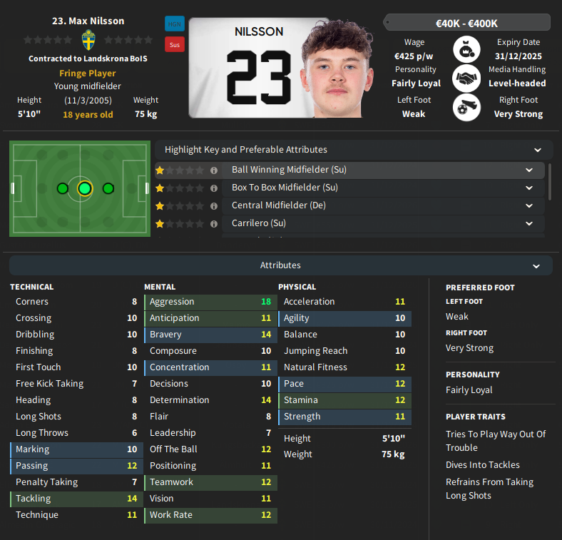 Max Nilsson (Tough-tackling DMC) At first look you might not be blown away, but Nilsson evolves into a top class DM - loves a tackle and just look at that aggression attribute for an 18-year-old 💪 Made an early move to Stuttgart before we brought him home for €7m 💸