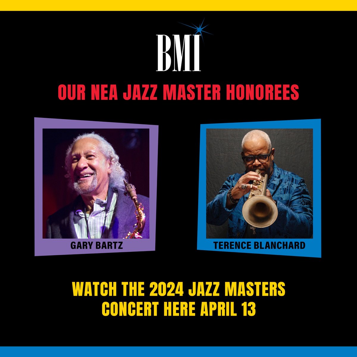 We teamed up with the @NEAarts and @kencen for a special live stream of the 2024 #NEAJazzMasters Tribute Concert Celebrating our #BMIJazz family, @bartz_gary & @T_Blanchard, and on Saturday, April 13th at 7:30 p.m. ET! To watch the livestream, click here: bit.ly/3TZcKIk