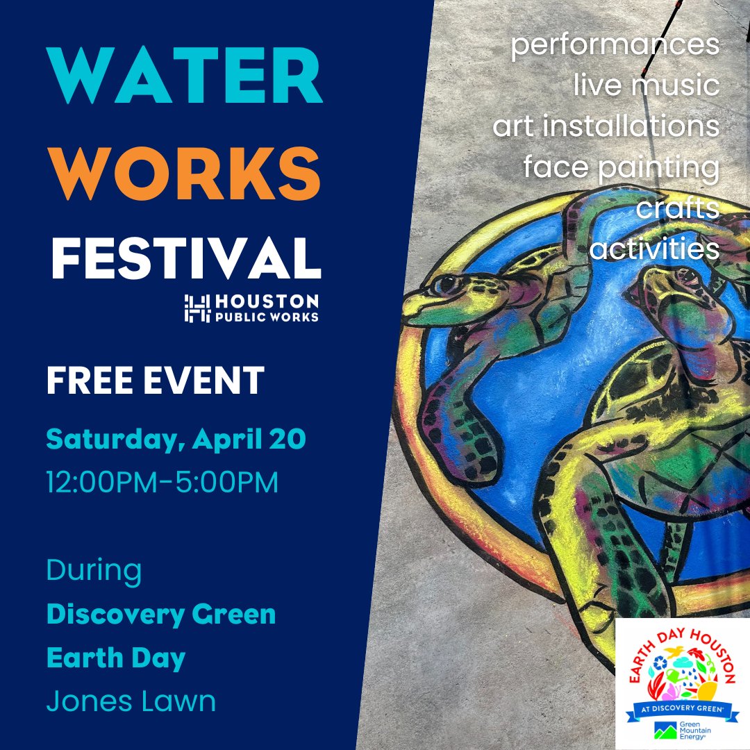 Don't forget! Come see us at the Water Works Festival on Saturday, April 20 from 12:00PM to 5:00PM during @DiscoveryGreen's Earth Day celebration at Jones Lawn. See you there!