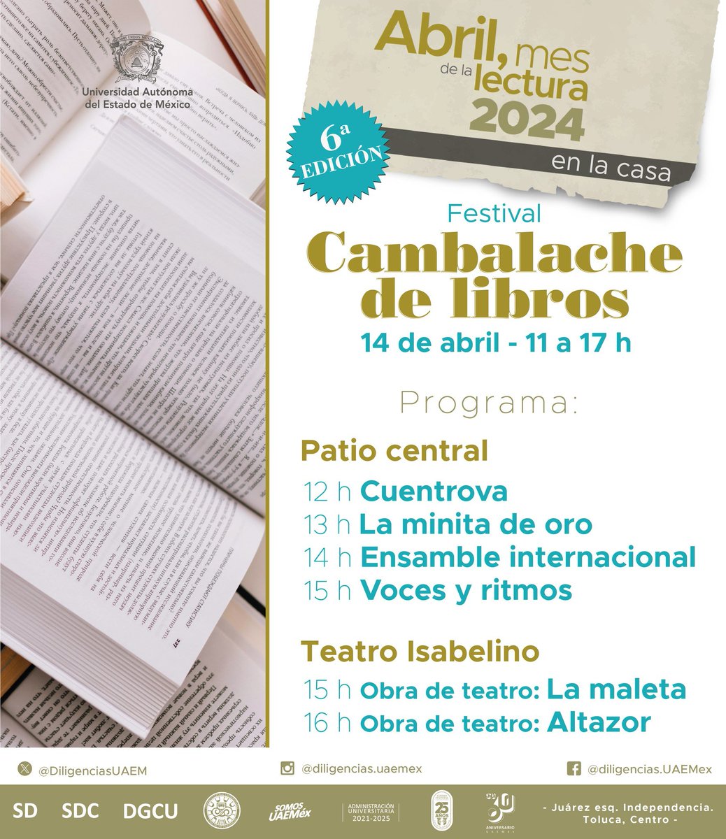 📚 Casa de las @DiligenciasUAEM te invita a participar en la 6ta edición del Festival Cambalache de Libros, como parte de las actividades de Abril Mes de la Lectura. 📆 Domingo 14 de abril ⏰ 11:00 h a 17:00 h #SomosUAEMéx💚💛