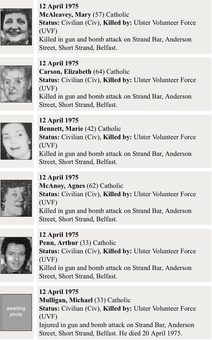 (1) Short Strand bombing - 12th April 1975 SEFF remembers Arthur Penn, Elizabeth Carson, Agnes McAnoy, Mary McAleavey, Marie Bennett and Michael Mulligan. Arthur Penn, was 33-year-old Roman Catholic civilian, married and with three children.