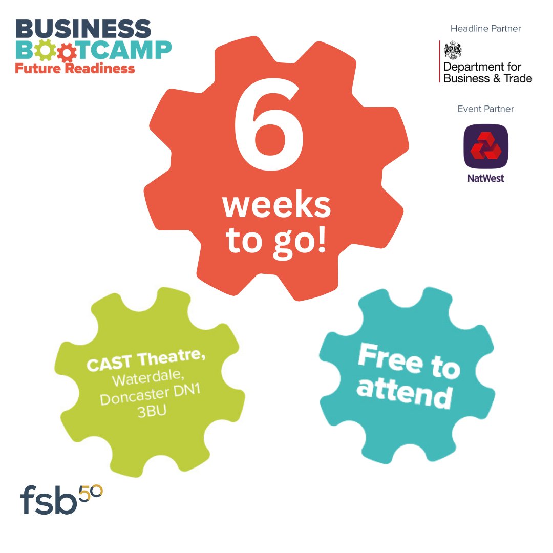 We can't believe there are now just 6 weeks until our Business Bootcamp in Doncaster! Good news... there are still spaces left! But don't wait much longer to grab your FREE tickets as we do expect them to sell out soon! 🔗 go.fsb.org.uk/3RNDnjs #FSBbootcamp