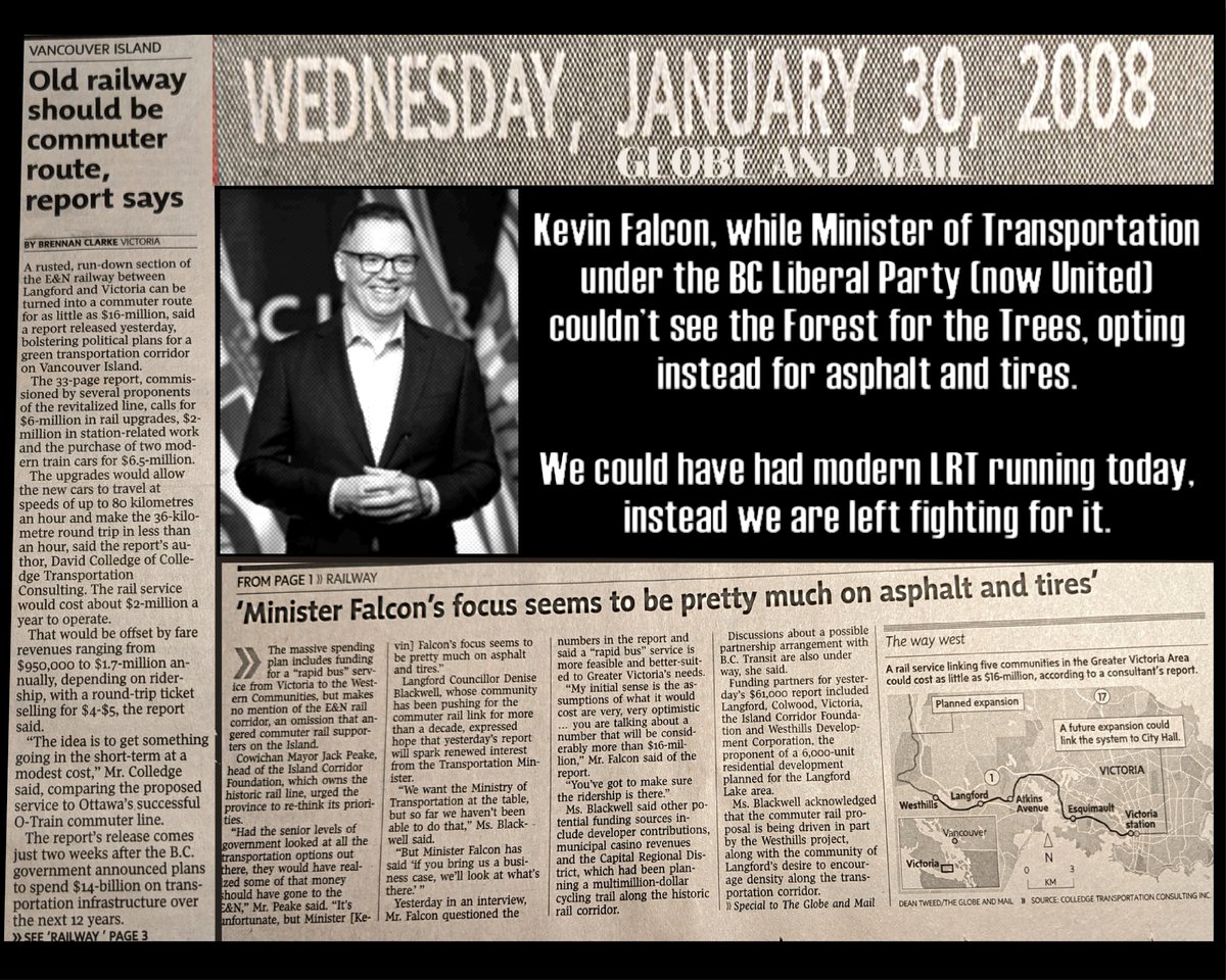 Back in 2008 while the Day Liner still ran, BC United Leader Kevin Falcon (as the Transportation and Infrastructure Minister at the time) refused an opportunity to repair the section of track from Victoria to Langford and establish a Light Rail Transit service for the region.