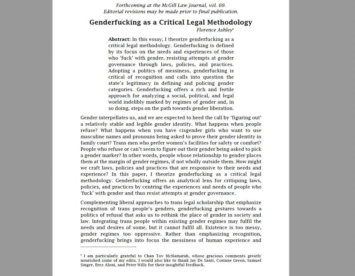 Florence Ashley, transfeminine jurist and activist and professor at the law school at the University of Alberta, publishes a new scholarly article: 
Genderfucking as a Critical Legal Methodology
'In this essay, I theorize genderfucking as a critical legal methodology.…