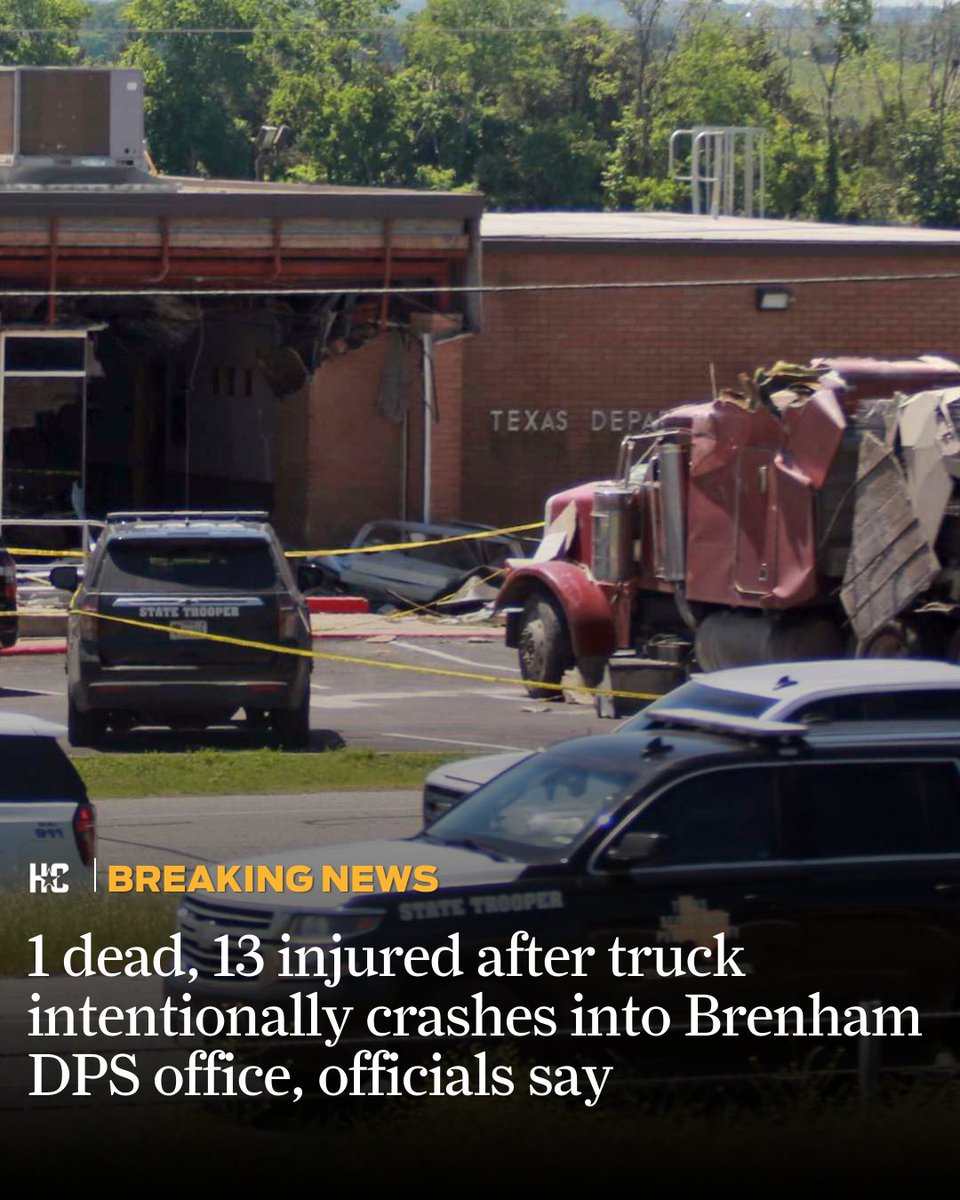 One person died and 13 other people were injured Friday when a stolen semi-truck crashed into a Department of Public Safety building in Brenham, authorities said. The man accused of stealing the truck was arrested at the scene of the crash. Read more: trib.al/CzSw6yJ