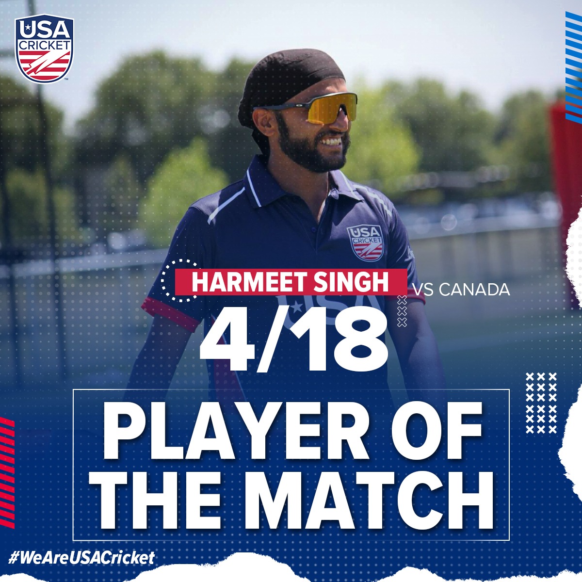 usacricket's tweet photo. With 34 runs batted on 17 balls and 4 wickets, Harmeet Singh is the Player of the Match! 💪💪

#USACricket #T20Is #USAvsCanada https://t.co/BVkaCCXFD3